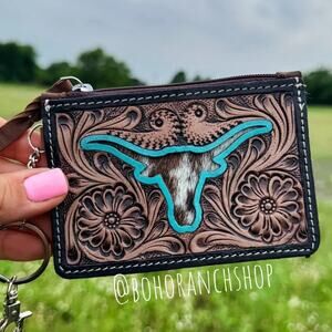 Longhorn Western Cowhide Tooled Leather Keychain Wallet